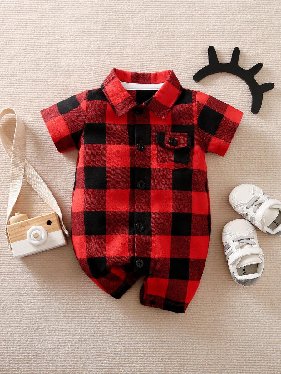 Yierying Baby Boy Buffalo Plaid Flap Pocket Shirt Romper