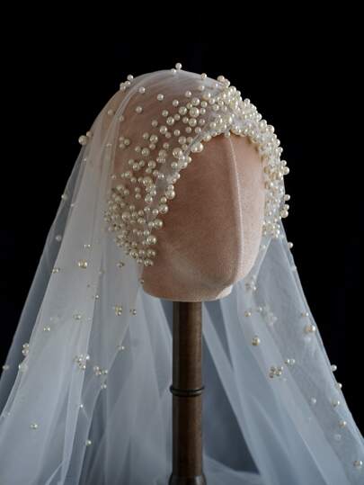 1pc Solid Color Faux Pearl Decor Bridal Veil For Wedding Fall Clothes For Women Valentine's Day Accessories
