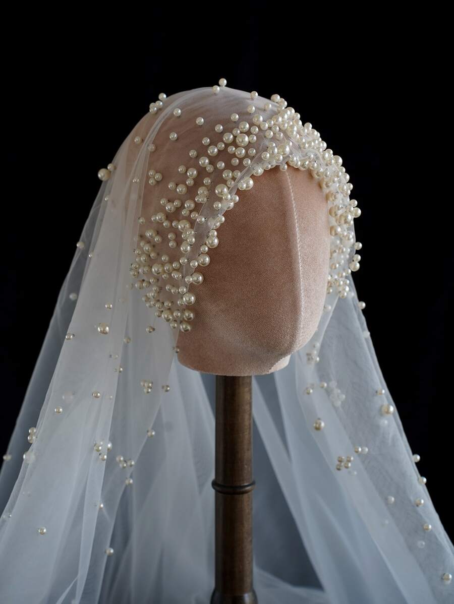 1pc Solid Color Faux Pearl Decor Bridal Veil For Wedding Fall Clothes For Women Valentine's Day Accessories - White - View 1