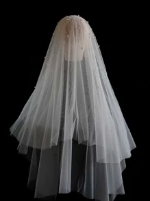 1pc Solid Color Faux Pearl Decor Bridal Veil For Wedding Fall Clothes For Women Valentine's Day Accessories - White - View 3