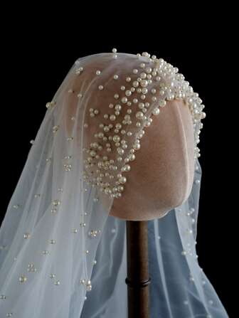 1pc Solid Color Faux Pearl Decor Bridal Veil For Wedding Fall Clothes For Women