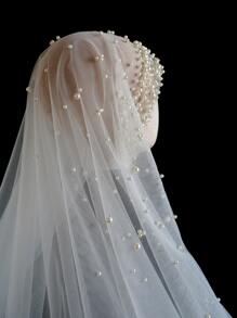 1pc Solid Color Faux Pearl Decor Bridal Veil For Wedding Fall Clothes For Women Valentine's Day Accessories - White - View 6