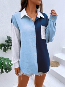 Breezaya 撞色補丁貼口袋落肩袖襯衫 - 藍白色 - 查看 4