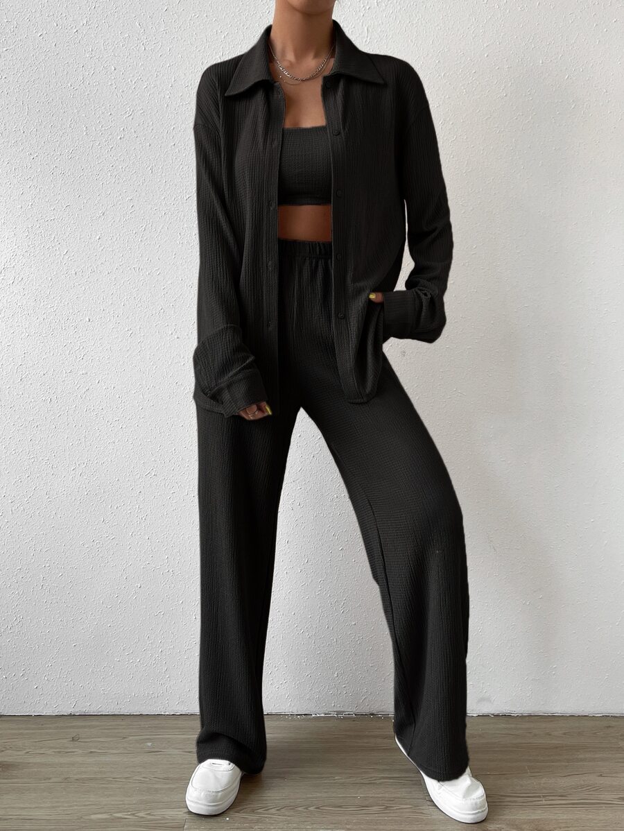 SHEIN EZwear Solid Tube Top & Button Front Shirt & Pants