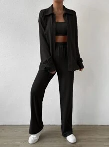 SHEIN EZwear Solid Tube Top & Button Front Shirt & Pants