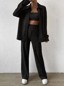 SHEIN EZwear Solid Tube Top & Button Front Shirt & Pants