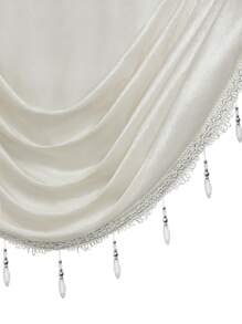 1pc Solid Color Window Curtain, European-Style Polyester Curtain With Beaded Edge Decoration, Suitable For Living Room, Bedroom, Doorway - White - View 3