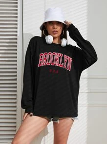 INAWLY Áo thun hở vai họa tiết chữ cái Áo thun họa tiết nữ Áo vải thu cho nữ - màu đen - Xem 3