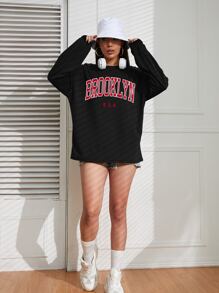 INAWLY Áo thun hở vai họa tiết chữ cái Áo thun họa tiết nữ Áo vải thu cho nữ - màu đen - Xem 4