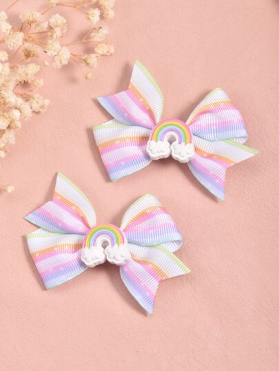 2pcs Toddler Girls Rainbow & Bow Decor Hair Clip