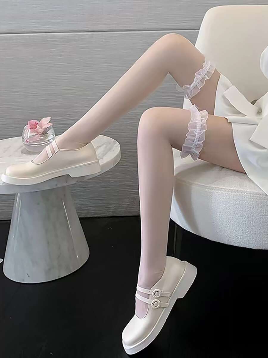 Vớ viền ren trên đầu gối - trắng - Xem 1