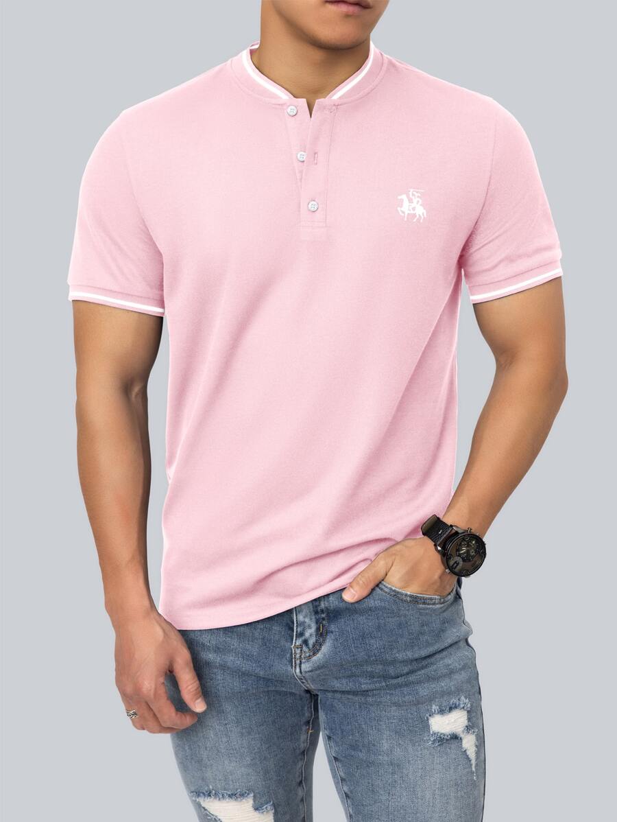 Manfinity Homme 男士人像和馬印花條紋飾邊POLO衫 - 淺粉色 - 查看 1
