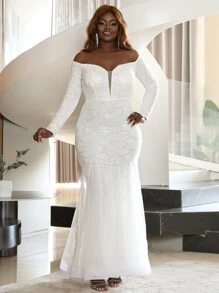 seomiscky 大碼素色網紗拼接婚紗連衣裙 - 白色 - 查看 1