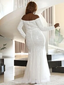 seomiscky 大碼素色網紗拼接婚紗連衣裙 - 白色 - 查看 2