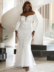 seomiscky 大碼素色網紗拼接婚紗連衣裙 - 白色 - 查看 4