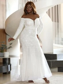 seomiscky 大碼素色網紗拼接婚紗連衣裙 - 白色 - 查看 6