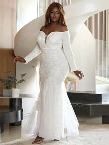 seomiscky 大碼素色網紗拼接婚紗連衣裙 - 白色 - 查看 8