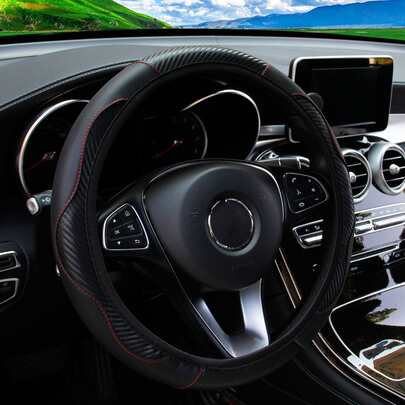 MEIKAXIU 1 pieza Cubierta de volante de coche de cuero de fibra de carbono cómoda, se ajusta a volantes de 14.5-15 pulgadas, banda elástica, accesorio interior de coche unisex, adecuado para todas las estaciones