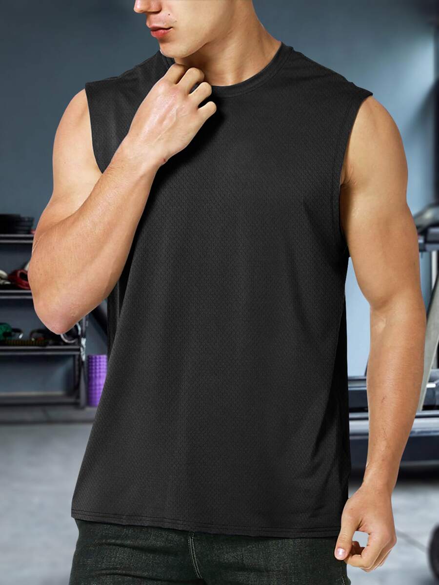 Men Solid Sports Tank Top Gym Clothes Men Basic T Shirt - Black - View 1