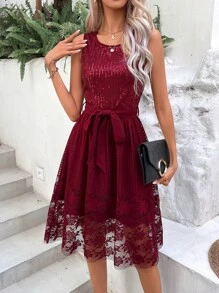 SHEIN Privé Contrast Lace Belted Dress - Burgundy - View 1