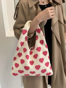 Bolso de ganchillo con estampado de corazón para el Día de San Valentín - Rosa - Ver 2