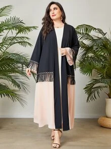Al Najma Abaya de dos tonos ribete con fleco con parte delantera abierta - Multicolor - Ver 1