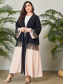 Al Najma Abaya de dos tonos ribete con fleco con parte delantera abierta - Multicolor - Ver 6