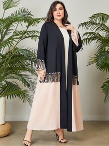 Al Najma Abaya de dos tonos ribete con fleco con parte delantera abierta - Multicolor - Ver 7