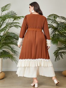 Al Najma Plus Contrast Lace Pleated Hem Belted Dress
