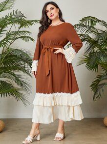 Al Najma Plus Contrast Lace Pleated Hem Belted Dress