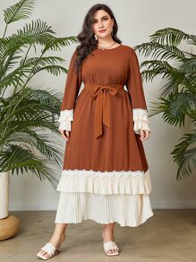 Al Najma Plus Contrast Lace Pleated Hem Belted Dress