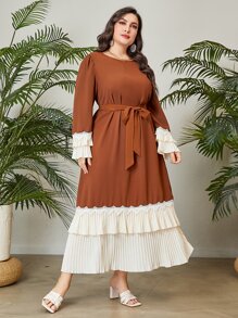 Al Najma Plus Contrast Lace Pleated Hem Belted Dress