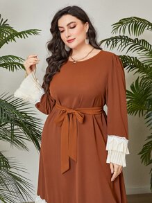 Al Najma Plus Contrast Lace Pleated Hem Belted Dress