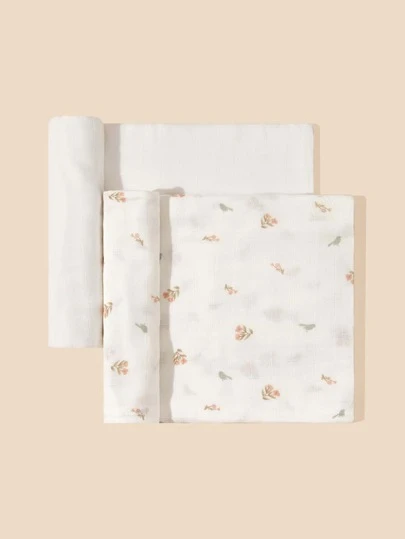 2 件 Oeko-Tex 认证 100% 竹纤维轻质花卉襁褓毯，柔软亲肤，适合婴儿，四季皆宜