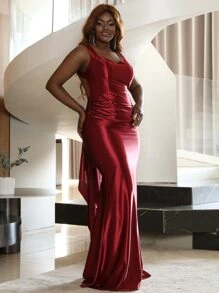 seomiscky Đầm Plus Size Lộ Lưng Vắt Buộc lại màu trơn Buổi tiệc - Màu Đỏ Sâu - Xem 5