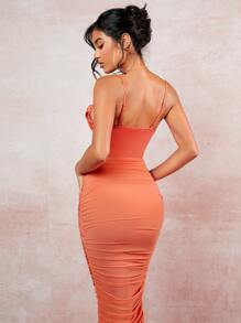 SHEIN BAE Draped Collar Ruched Mesh Cami Bodycon Dress - Coral Orange - View 2