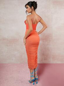 SHEIN BAE Draped Collar Ruched Mesh Cami Bodycon Dress - Coral Orange - View 4