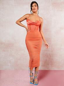 SHEIN BAE Draped Collar Ruched Mesh Cami Bodycon Dress - Coral Orange - View 6