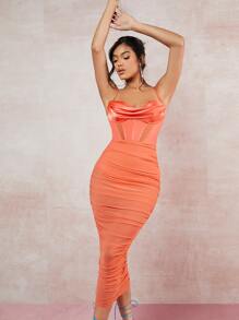 SHEIN BAE Draped Collar Ruched Mesh Cami Bodycon Dress - Coral Orange - View 7