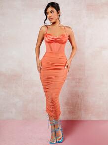 SHEIN BAE Draped Collar Ruched Mesh Cami Bodycon Dress - Coral Orange - View 8