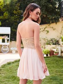 BABYONLINE D.R.E.S.S. 蕾絲拼接露背抹胸連衣裙 - 淺粉色 - 查看 2