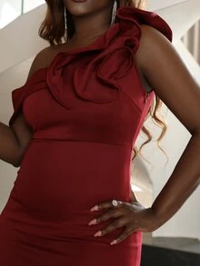 seomiscky 大碼不對稱領荷葉邊魚尾裙下擺正式連衣裙 - 酒紅色 - 查看 3