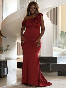 seomiscky 大碼不對稱領荷葉邊魚尾裙下擺正式連衣裙 - 酒紅色 - 查看 5