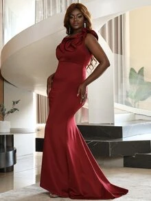 seomiscky 大碼不對稱領荷葉邊魚尾裙下擺正式連衣裙 - 酒紅色 - 查看 7