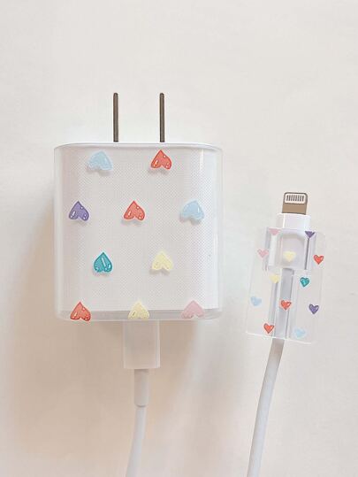 2入組愛心圖案充電頭套和數據線保護頭套裝