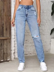 SHEIN Tall 破洞牛仔褲 - 淺色水洗藍 - 查看 4