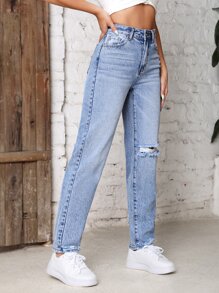 SHEIN Tall 破洞牛仔褲 - 淺色水洗藍 - 查看 5