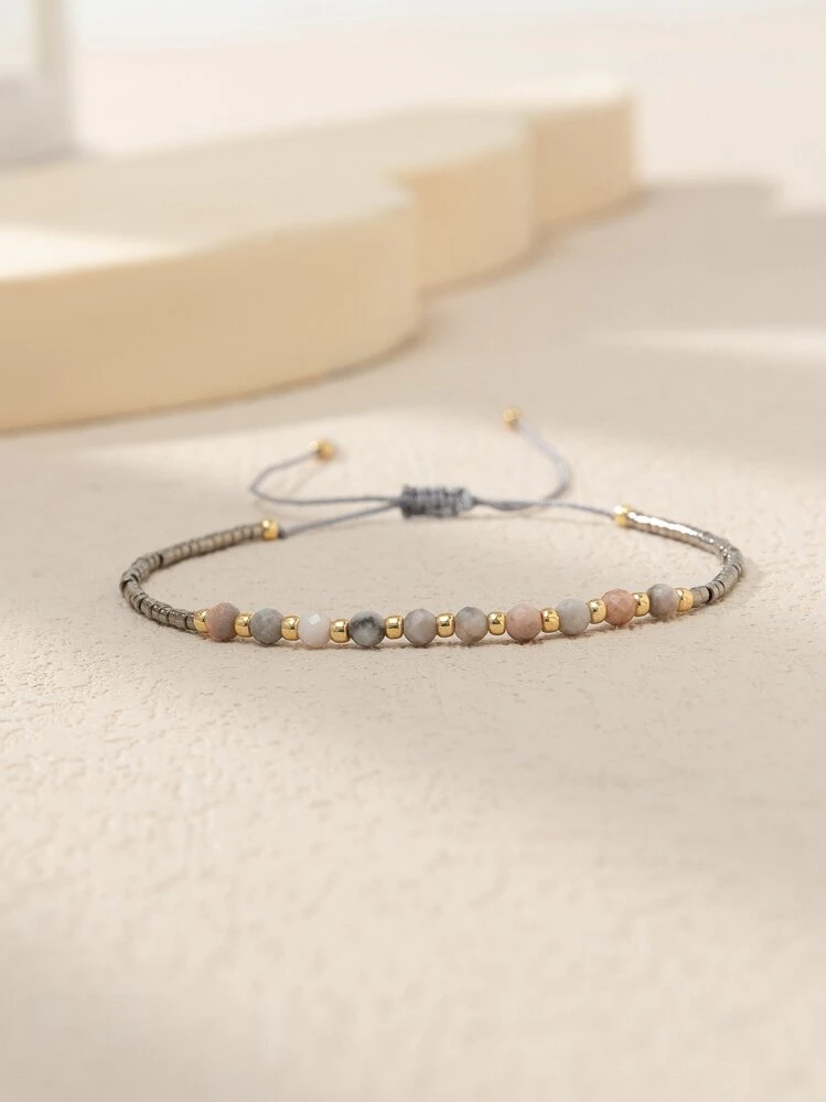 1 pieza Pulsera ajustable de cuerda con cuentas de piedra natural tallada de estilo bohemio, pulsera de amuleto de piedra de la suerte para pareja - Multicolor - Ver 13