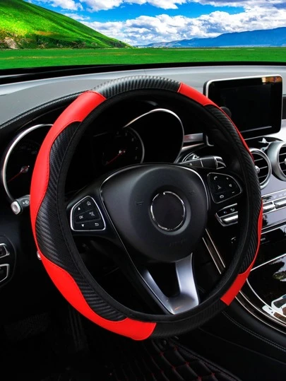 MEIKAXIU 1PC 14.5-15 Inch Carbon Fiber Leather Steering Wheel Cover Elastic Band All-Season Unisex Car Accessory