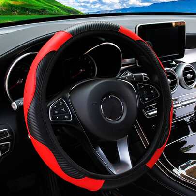 MEIKAXIU 1PC 14.5-15 Inch Carbon Fiber Leather Steering Wheel Cover Elastic Band All-Season Unisex Car Accessory